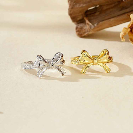 925 Sterling Silver Grace Bow Pavé Ribbon Ring Gold Platinum Plated