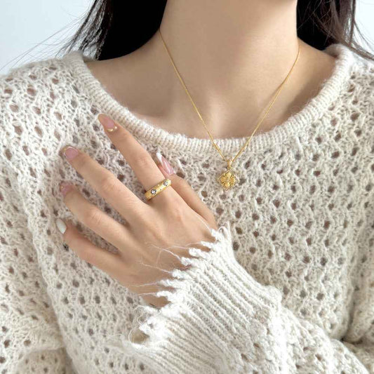925 Sterling Silver Gilded Bloom Filigree Clover Necklace & Ring Set Gold Vermeil