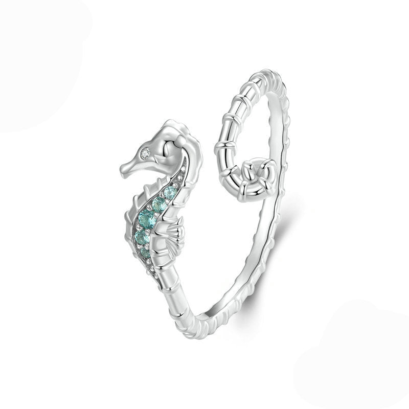 Seabreeze Seahorse S925 Sterling Silver Seahorse Open Ring with Aqua Zircon