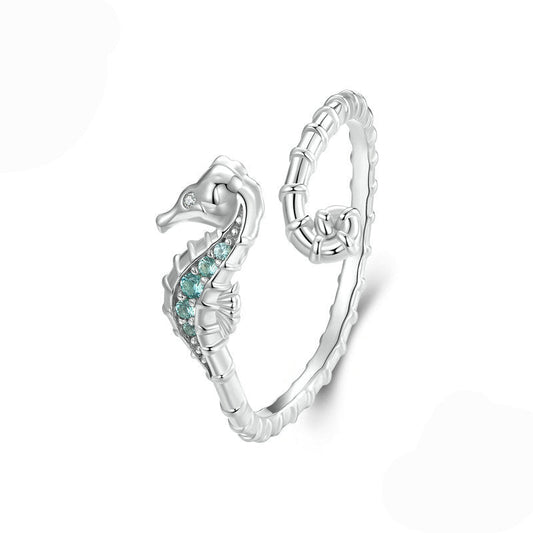 Seabreeze Seahorse S925 Sterling Silver Seahorse Open Ring with Aqua Zircon