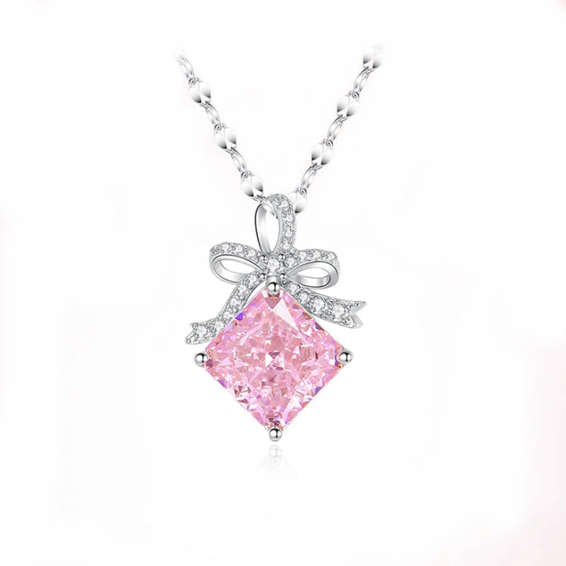 Blush Ribbon Pink Bow Jewelry Set S925 Sterling Silver Necklace Earrings