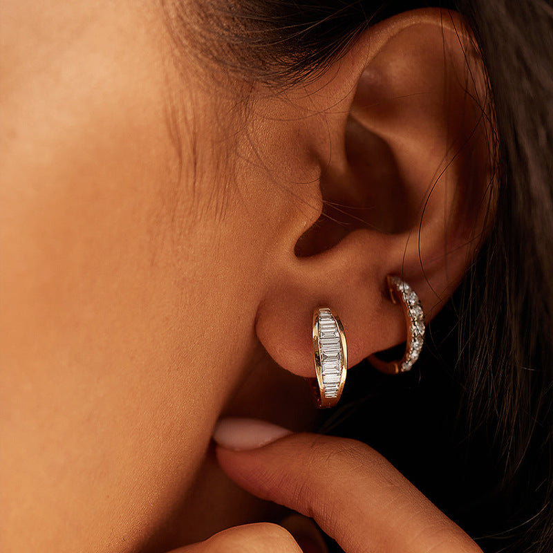 “Geo Prism” S925 Sterling Silver Geometric Zircon Huggie Hoop Earrings