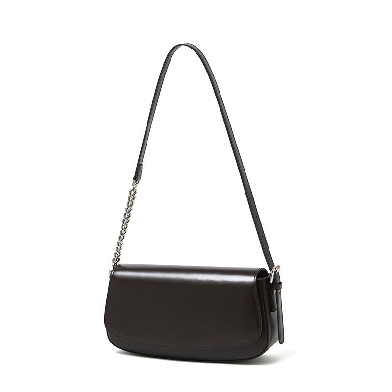 Women's Soft Cowhide Baguette Saddle Bag with Chain Strap