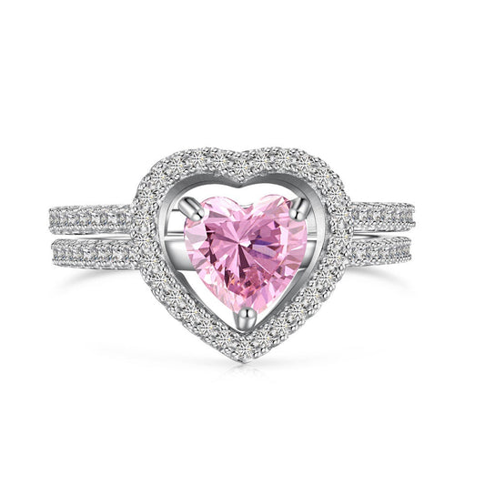 S925 Sterling Silver Heart Duet Stackable Ring Set 5A Zircon White Pink