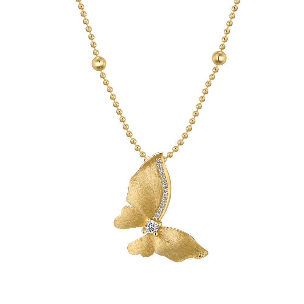 Gilded Flutter Butterfly Jewelry Set – S925 Silver Brushed Wing Necklace & Earrings