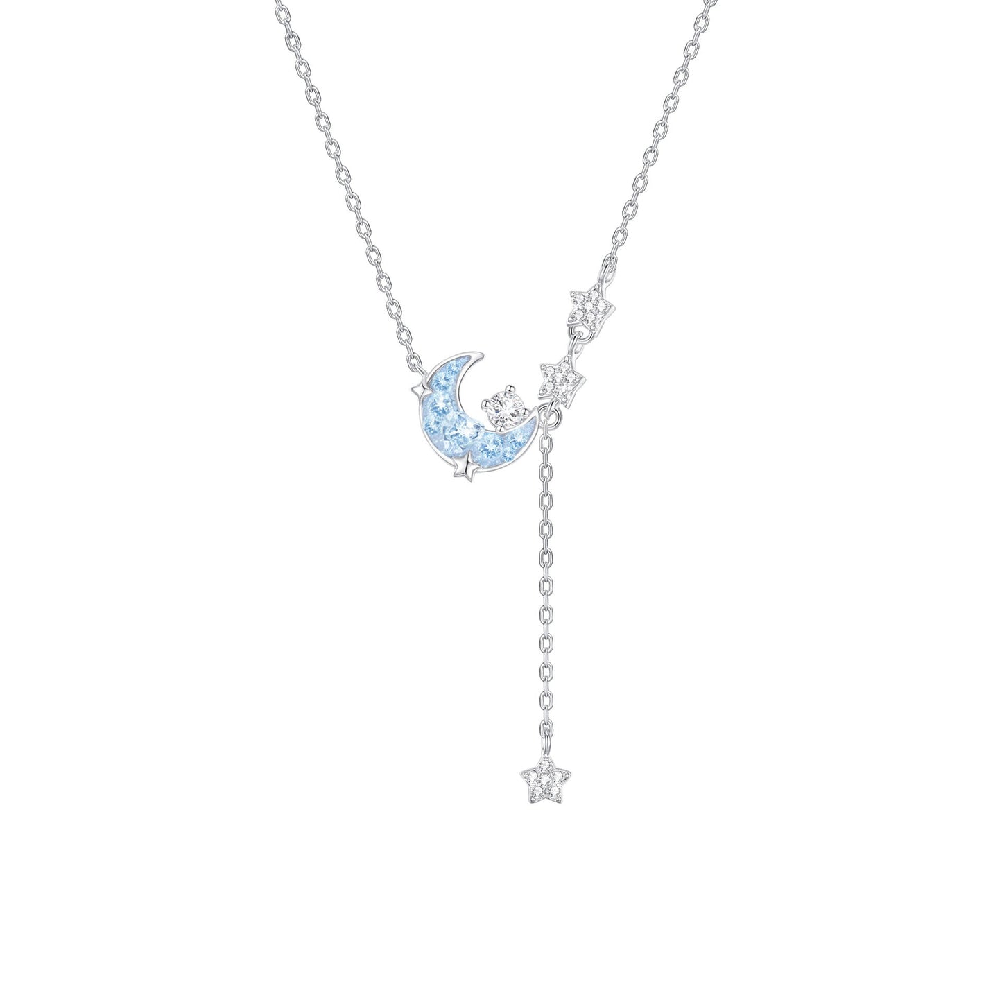 Moonlit Aurora S925 Sterling Silver Crescent Moon & Blue Zircon Tassel Necklace Bracelet Set