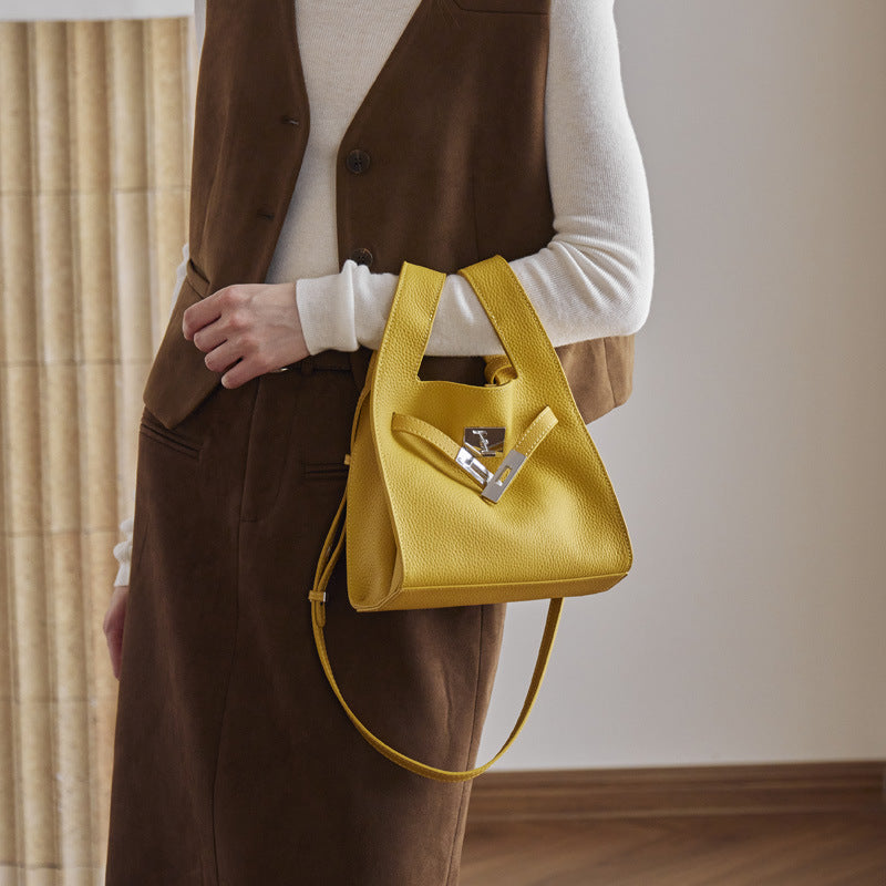 Women's Pebbled Cowhide Twist-Lock Bucket Bag with Inner Pouch