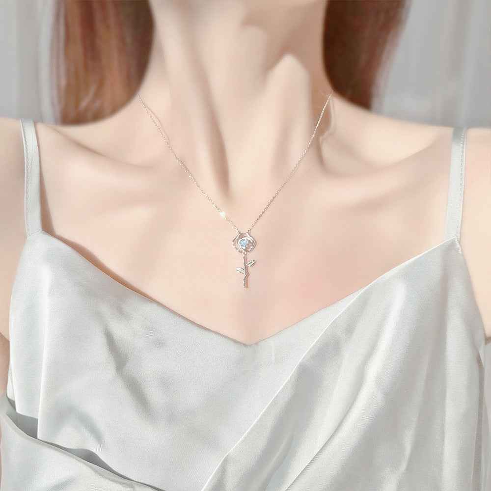 Ethereal Rose Iridescent Crystal Rose Necklace 925 Sterling Silver