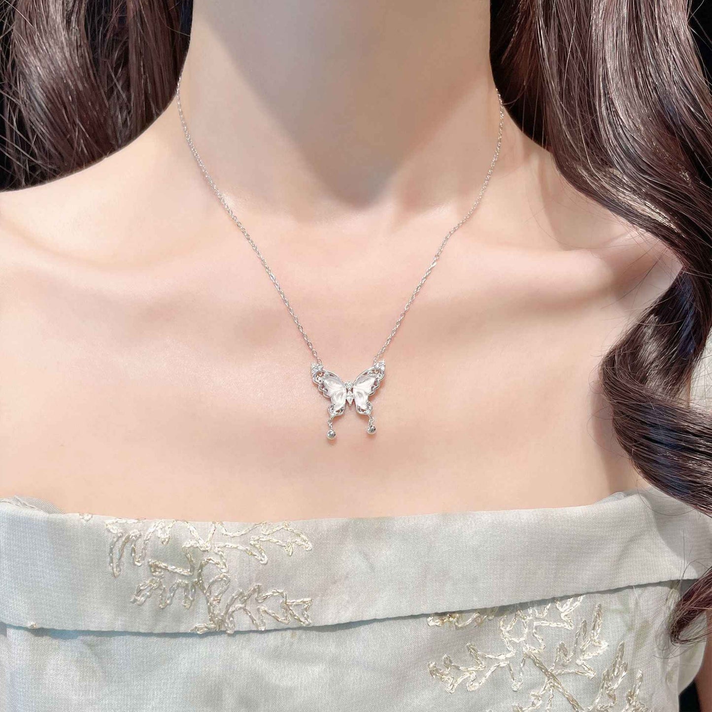 Bellwing Butterfly S925 Sterling Silver Shuimo Jade Butterfly Bell Necklace