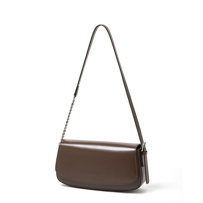 Women's Soft Cowhide Baguette Saddle Bag with Chain Strap