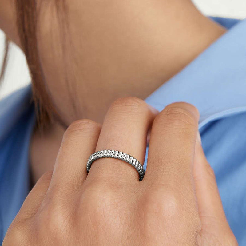 “Double Bead” S925 Sterling Silver Double-Row Beaded Band Ring