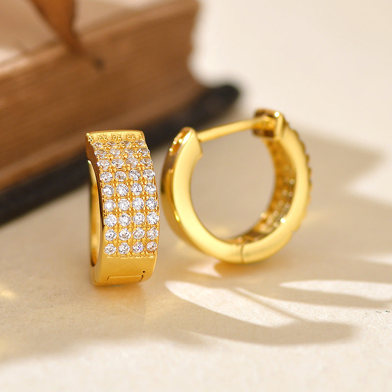 “Starlight Curve” S925 Sterling Silver Pavé C-Shaped Huggie Hoop Earrings