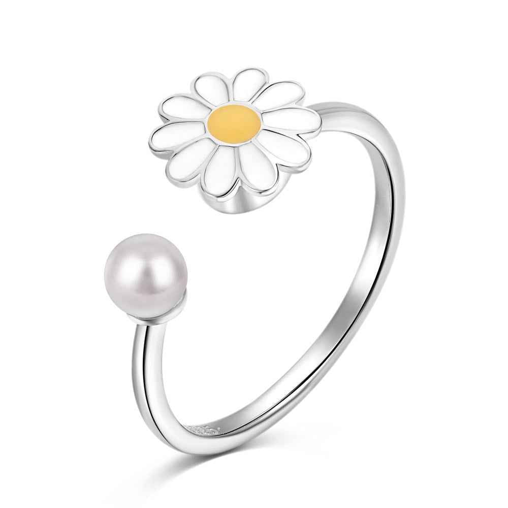 Daisy Glow Flower Pearl Adjustable Open Ring 925 Sterling Silver