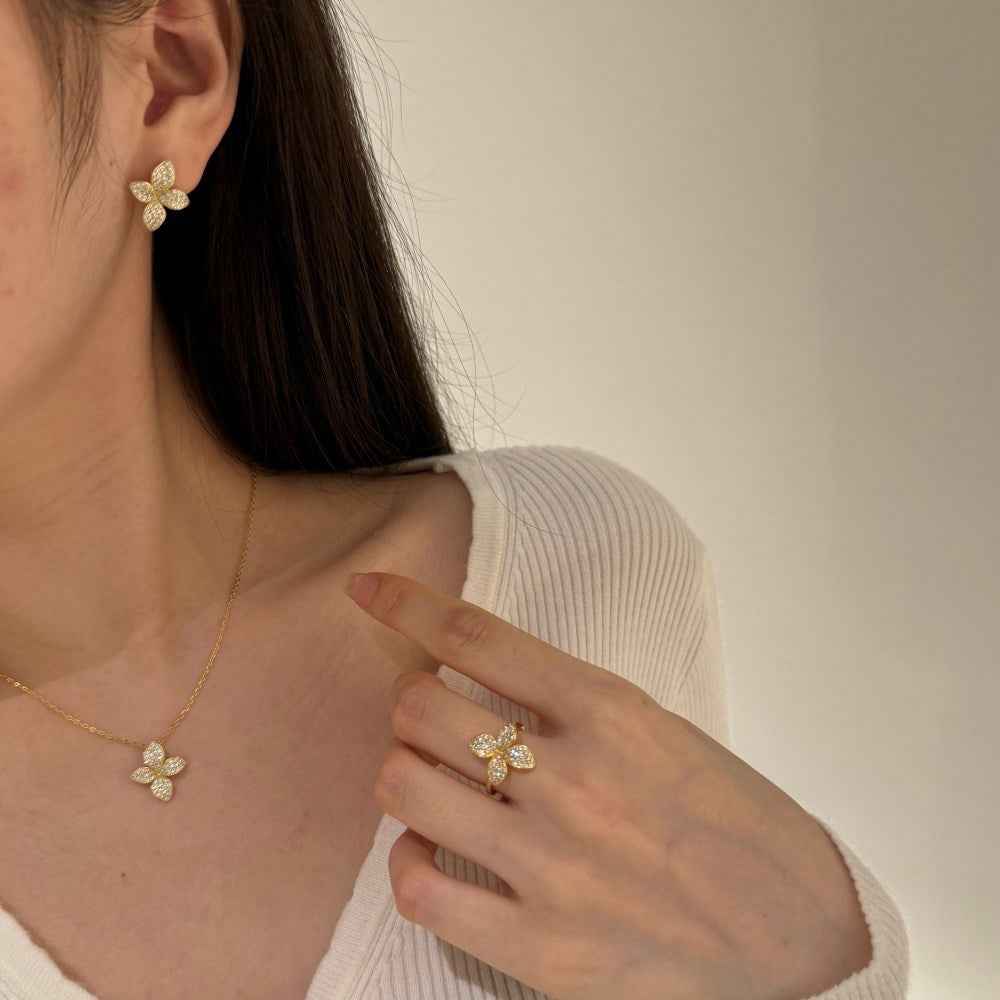 Aurelia Bloom S925 Sterling Silver Flower Zircon Necklace Earrings Ring Set