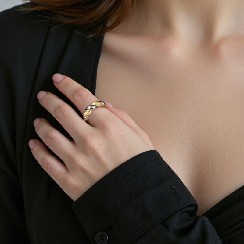 “Dual Twist” S925 Sterling Silver Open Adjustable Two-Tone Twisted Ring