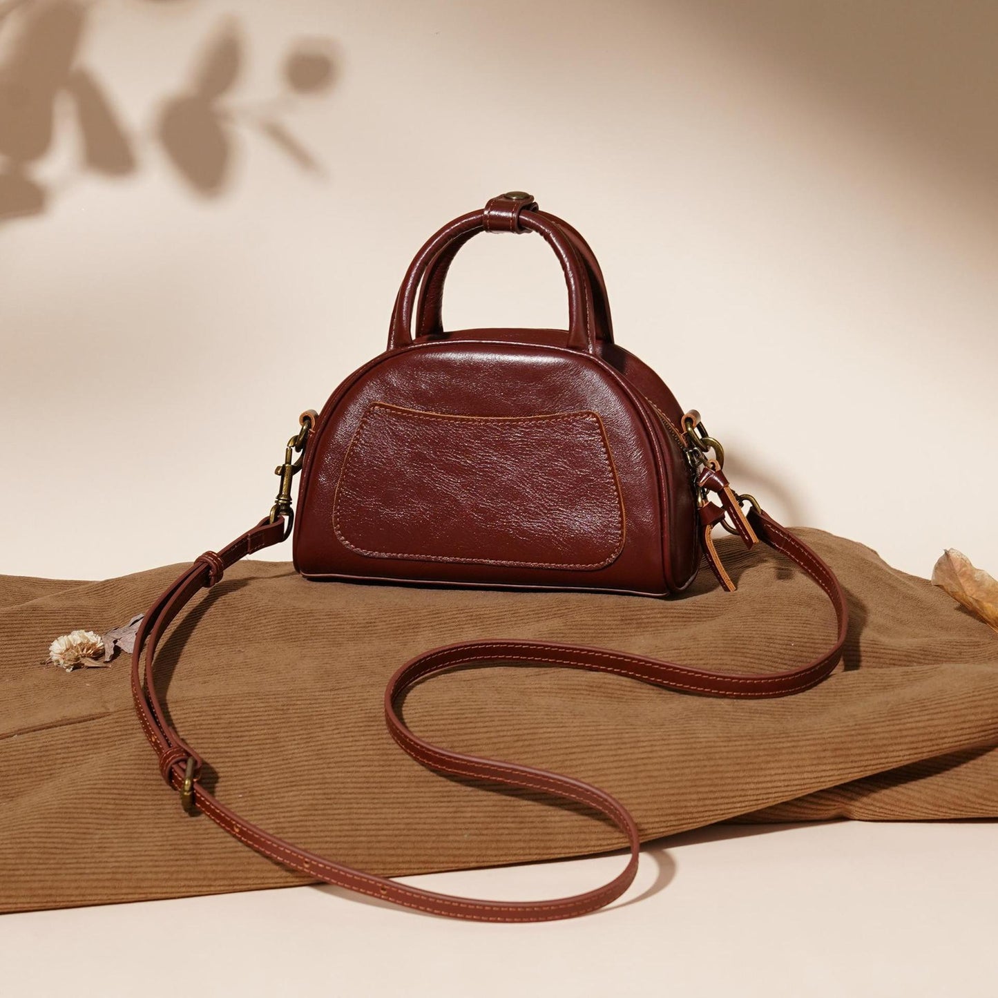 Women's Oil-Waxed Cowhide Mini Dome Boston Bag