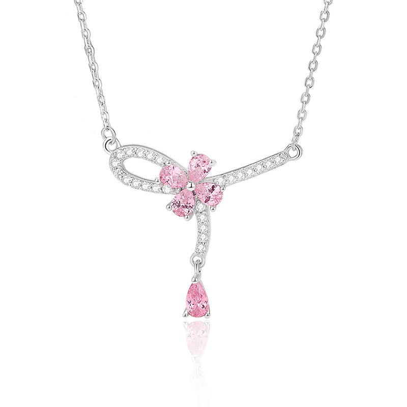 925 Sterling Silver Pink Floral Tassel Pendant Necklace