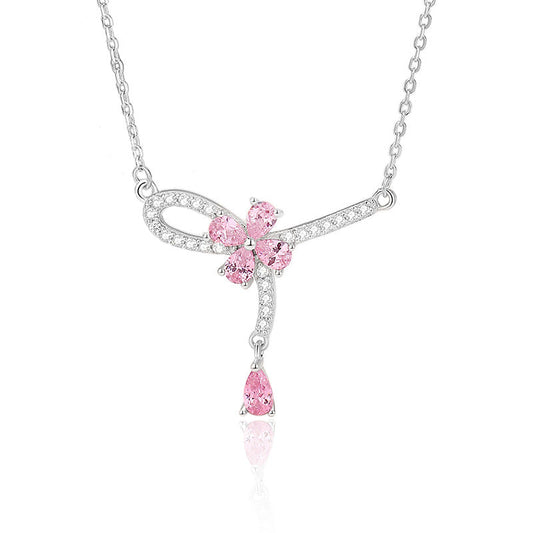 925 Sterling Silver Pink Floral Tassel Pendant Necklace