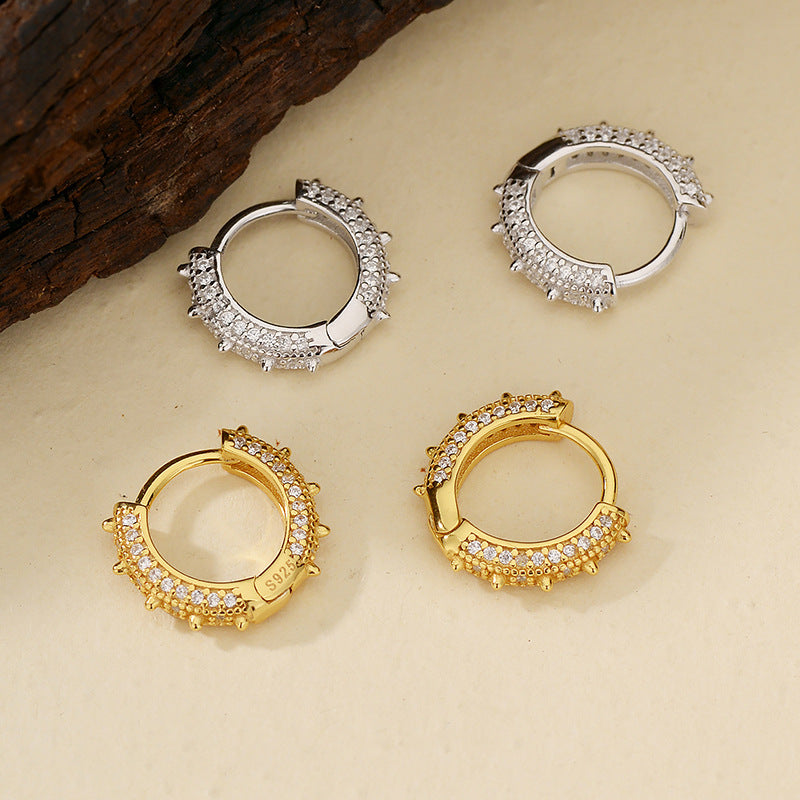“Studded Edge” S925 Sterling Silver Zircon Studded Hoop Earrings