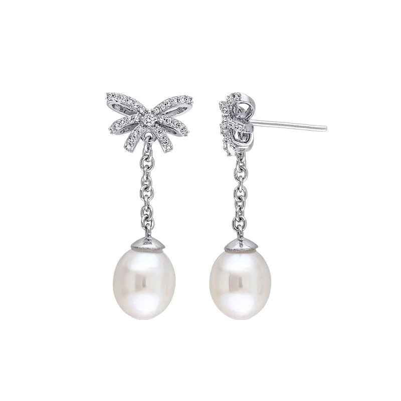 925 Sterling Silver Ribbon Pearl Bow Pavé Zircon Drop Earrings Gold White Gold
