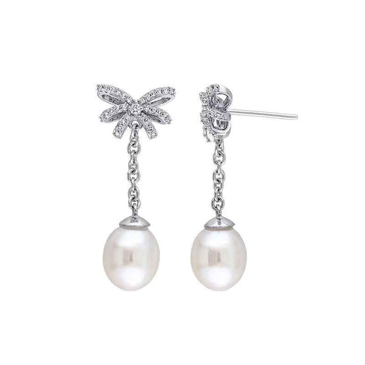 925 Sterling Silver Ribbon Pearl Bow Pavé Zircon Drop Earrings Gold White Gold