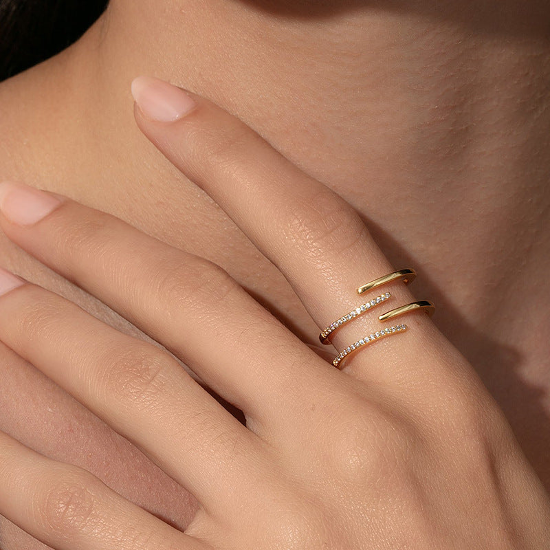“Offset Spark” S925 Sterling Silver Open Adjustable Double-Band Zircon Ring