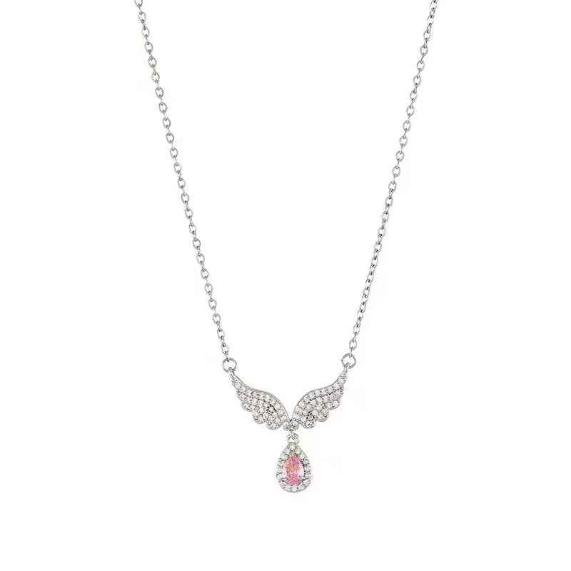 Guardian Wings Angel Wing Pendant Necklace with Pink Zircon in S925 Sterling Silver