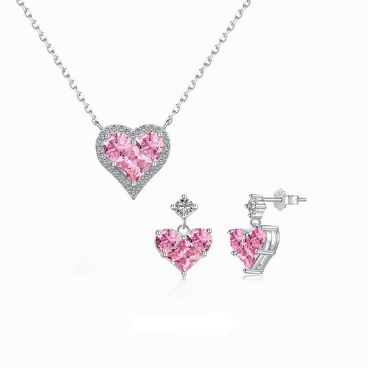“Sweetheart Duo” S925 Sterling Silver Heart Necklace & Earrings Set