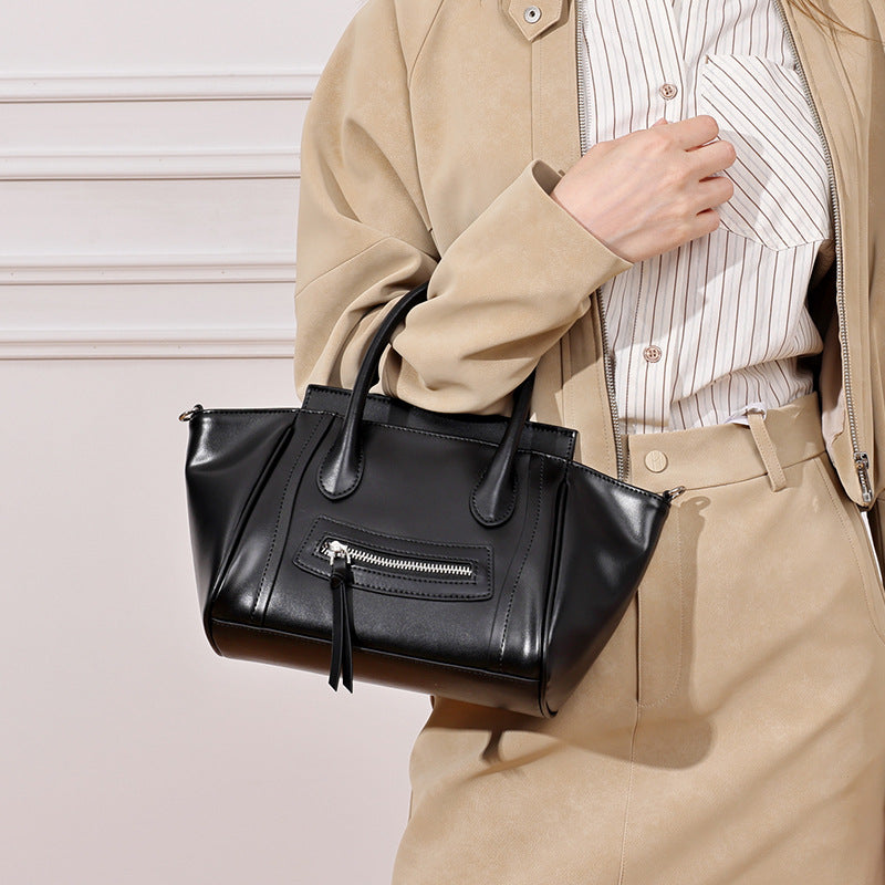 Women's Soft Cowhide Winged Flap Satchel with Adjustable Strap