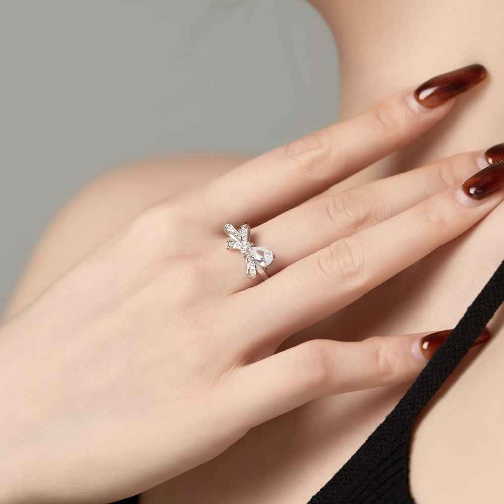 925 Sterling Silver Pear Cut Bow Ring – Ribbon Elegance