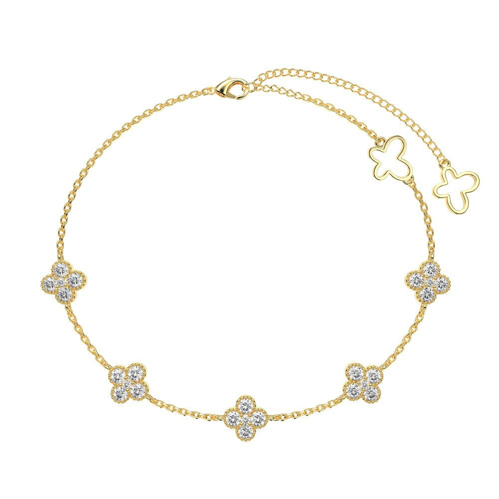Roselle Clover S925 Sterling Silver Clover Zircon Charm Bracelet