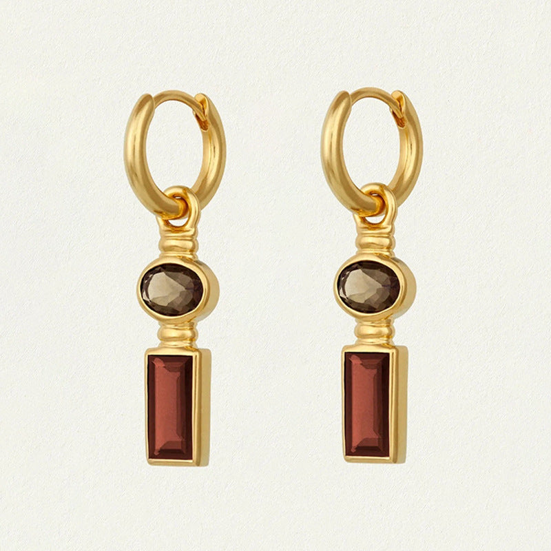 “Amber Deco” S925 Sterling Silver Oval Drop Hoop Earrings with Square Zircon