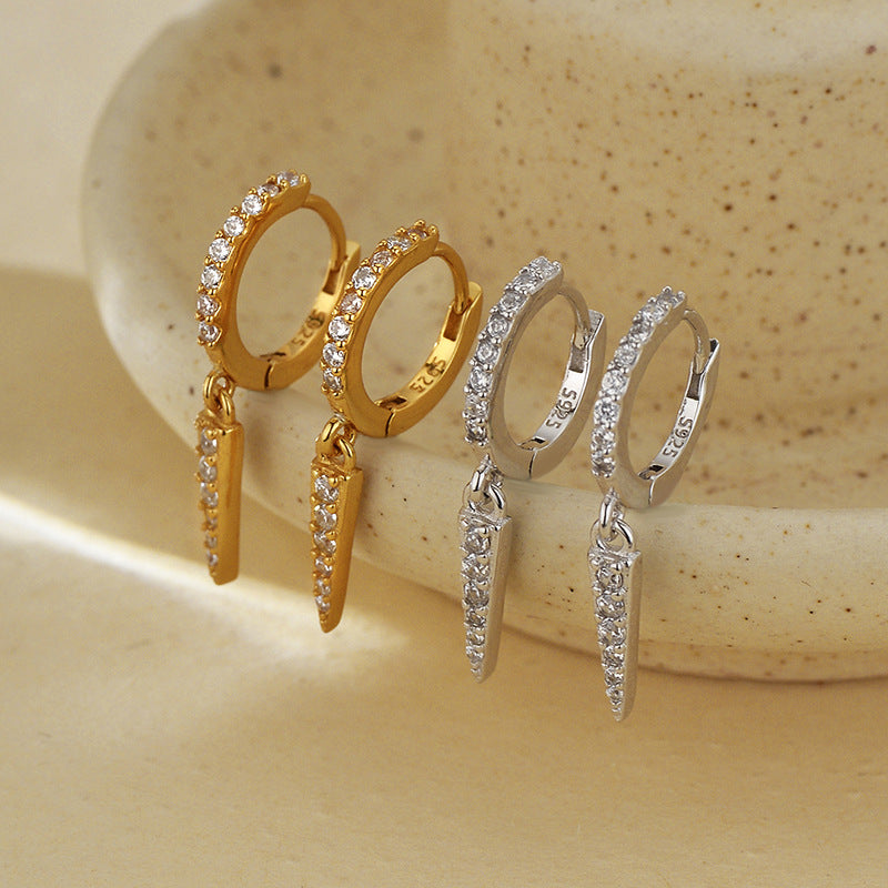 “Linear Stud Luxe” S925 Sterling Silver Zircon Geometric Hoop Earrings