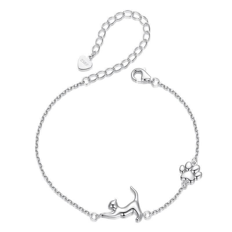 925 Sterling Silver Lazy Stretch Cat Bracelet White Gold Plated Cat Jewelry