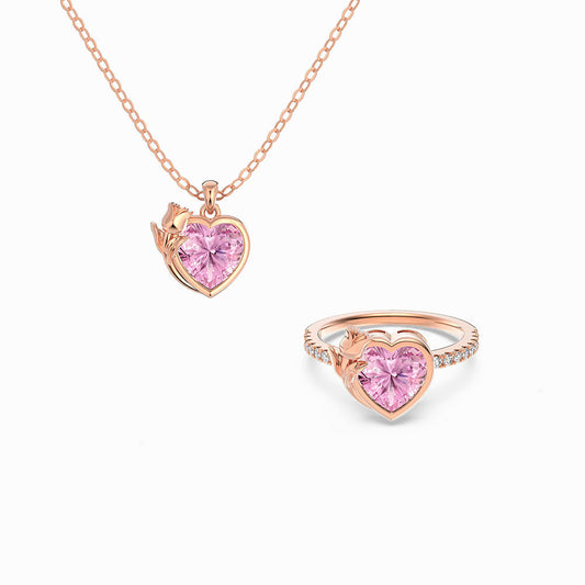 925 Sterling Silver Pink Heart Necklace & Ring Set – Blush Rose Vow