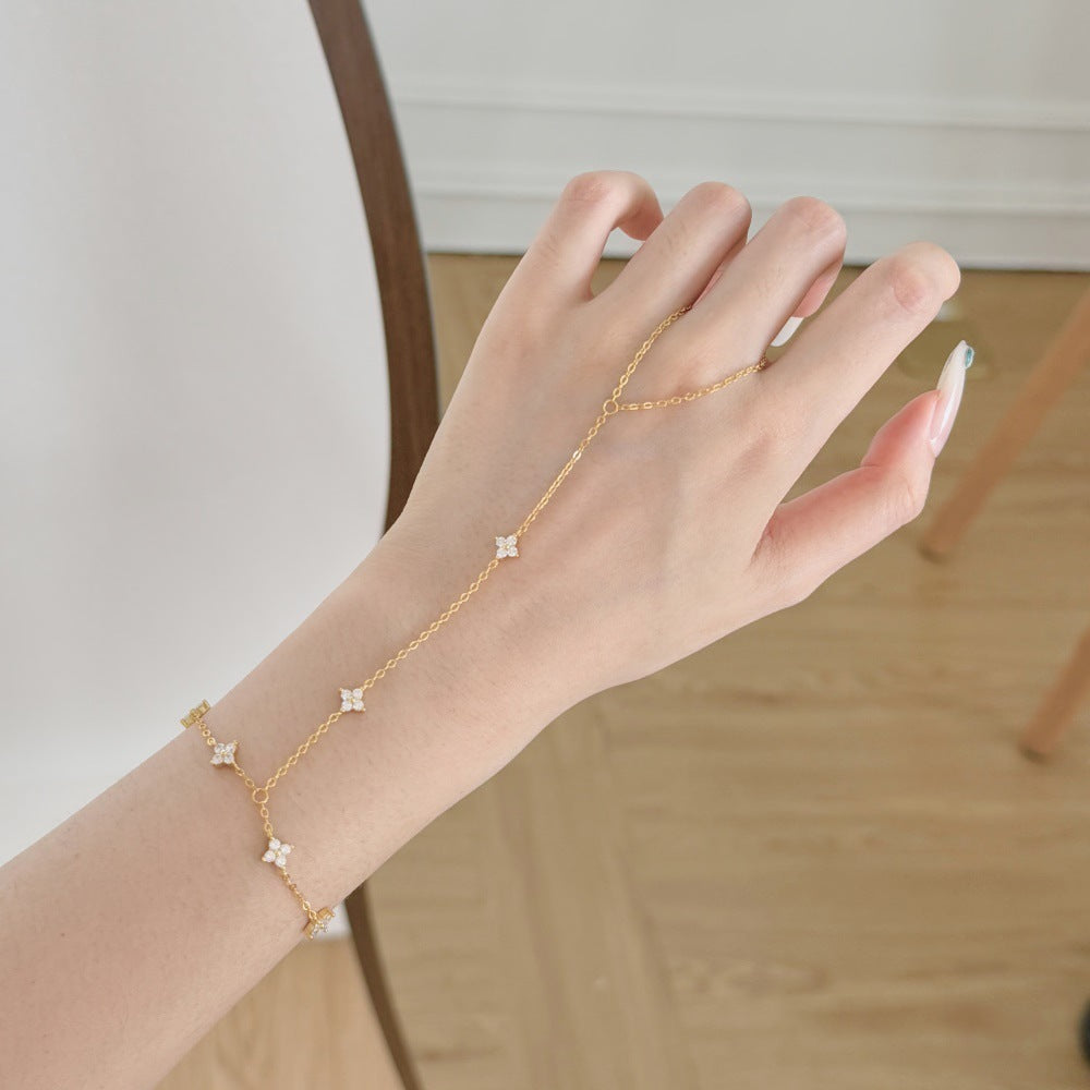 S925 Sterling Silver Grace Link Finger Bracelet Hand Chain CZ Elegant Jewelry