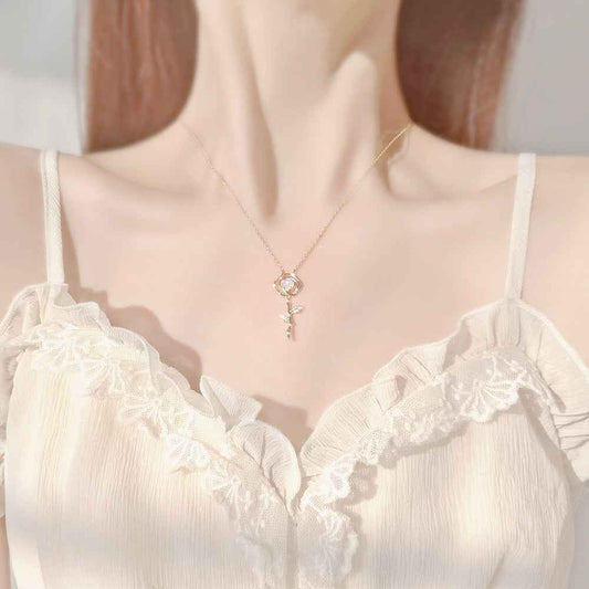 Ethereal Rose Iridescent Crystal Rose Necklace 925 Sterling Silver