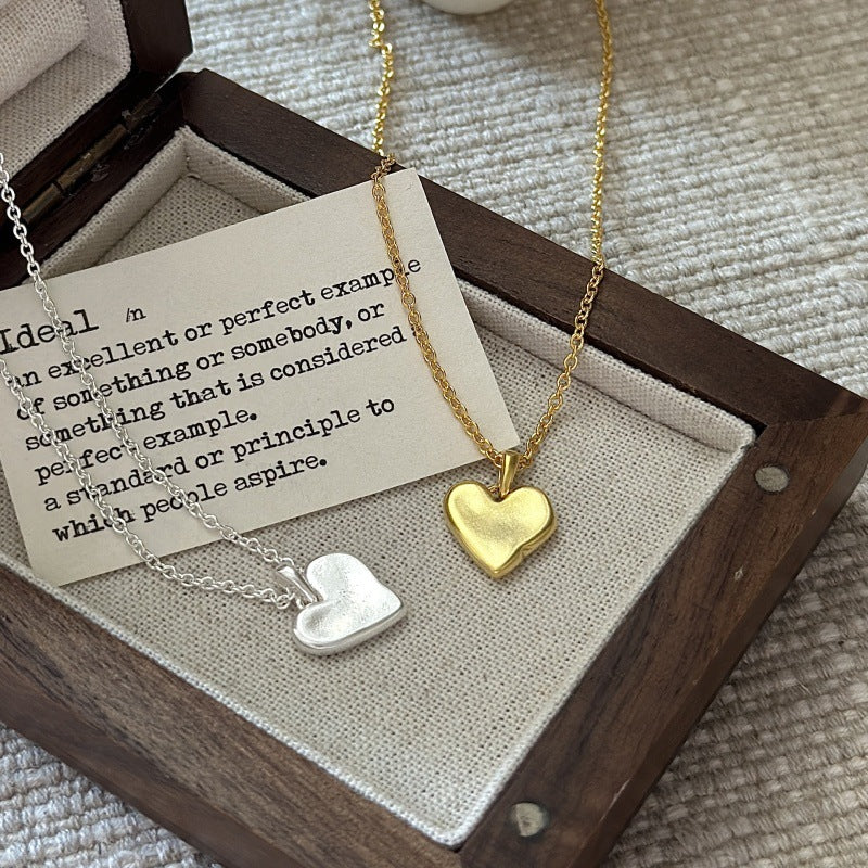 S925 Sterling Silver Matte Heart Necklace Brushed Heart Pendant Minimalist Jewelry