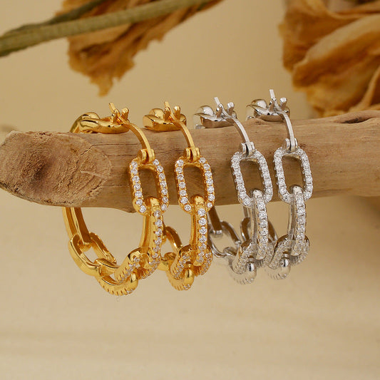 925 Sterling Silver Linked Geometry Earrings Gold White Gold Plated Statement Earrings