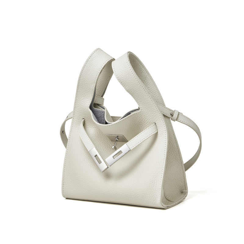 Women's Pebbled Cowhide Twist-Lock Bucket Bag with Inner Pouch