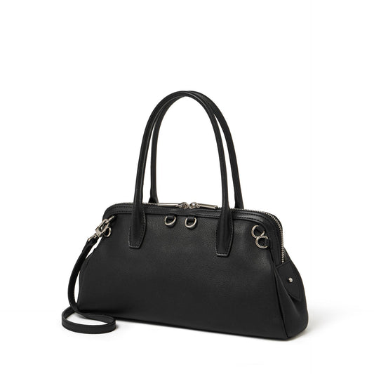 Women's Plain Cowhide Seashell Boston Bag with Double Zipper
