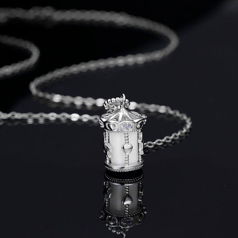 925 Sterling Silver Carousel Charm Necklace Rotating Horse White Gold Pendant