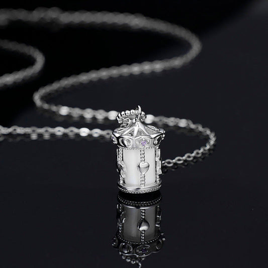 925 Sterling Silver Carousel Charm Necklace Rotating Horse White Gold Pendant