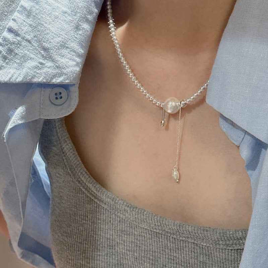 S925 Sterling Silver Beaded Tassel Necklace Adjustable Chain Elegant Dangle Design