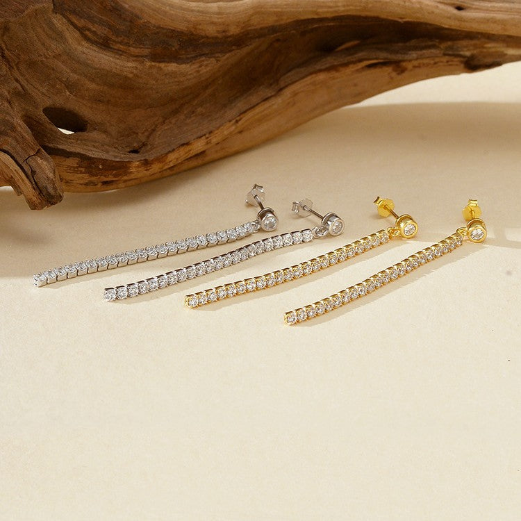 “Starlit Fringe” S925 Sterling Silver Zircon Tassel Stud Earrings