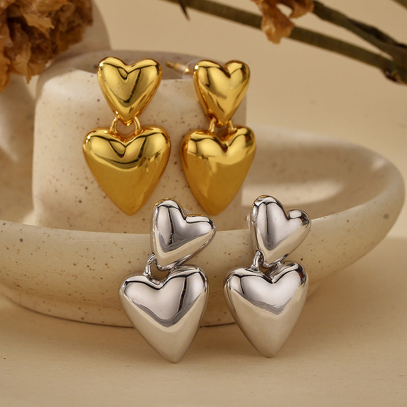 “Double Heart” S925 Sterling Silver Double Heart Stud Earrings