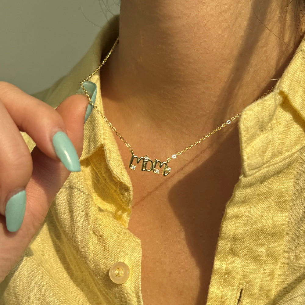 MOM S925 Sterling Silver Letter Necklace with Zircon Accents