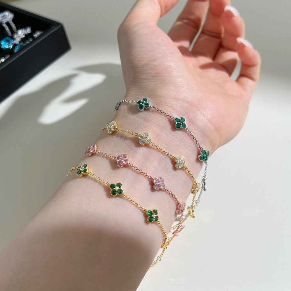 Roselle Clover S925 Sterling Silver Clover Zircon Charm Bracelet