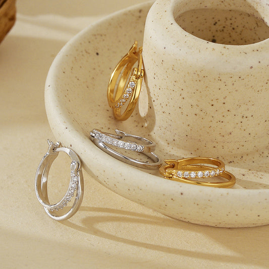 “Double Gleam” S925 Sterling Silver Double-Layer Pavé Hoop Earrings