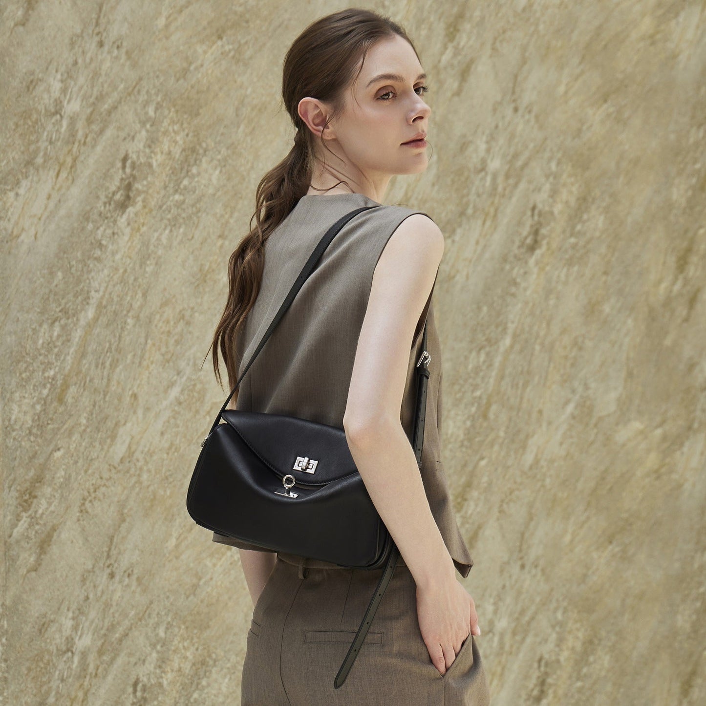 Women's Genuine Leather Envelope Flap Bag with Twist-Lock